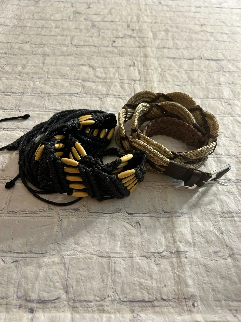 TALBOTS TAN & BROWN BOHEMIAN WOVEN BELT SIZE M & BLACK & TAN BEADED BOHO BELT OS